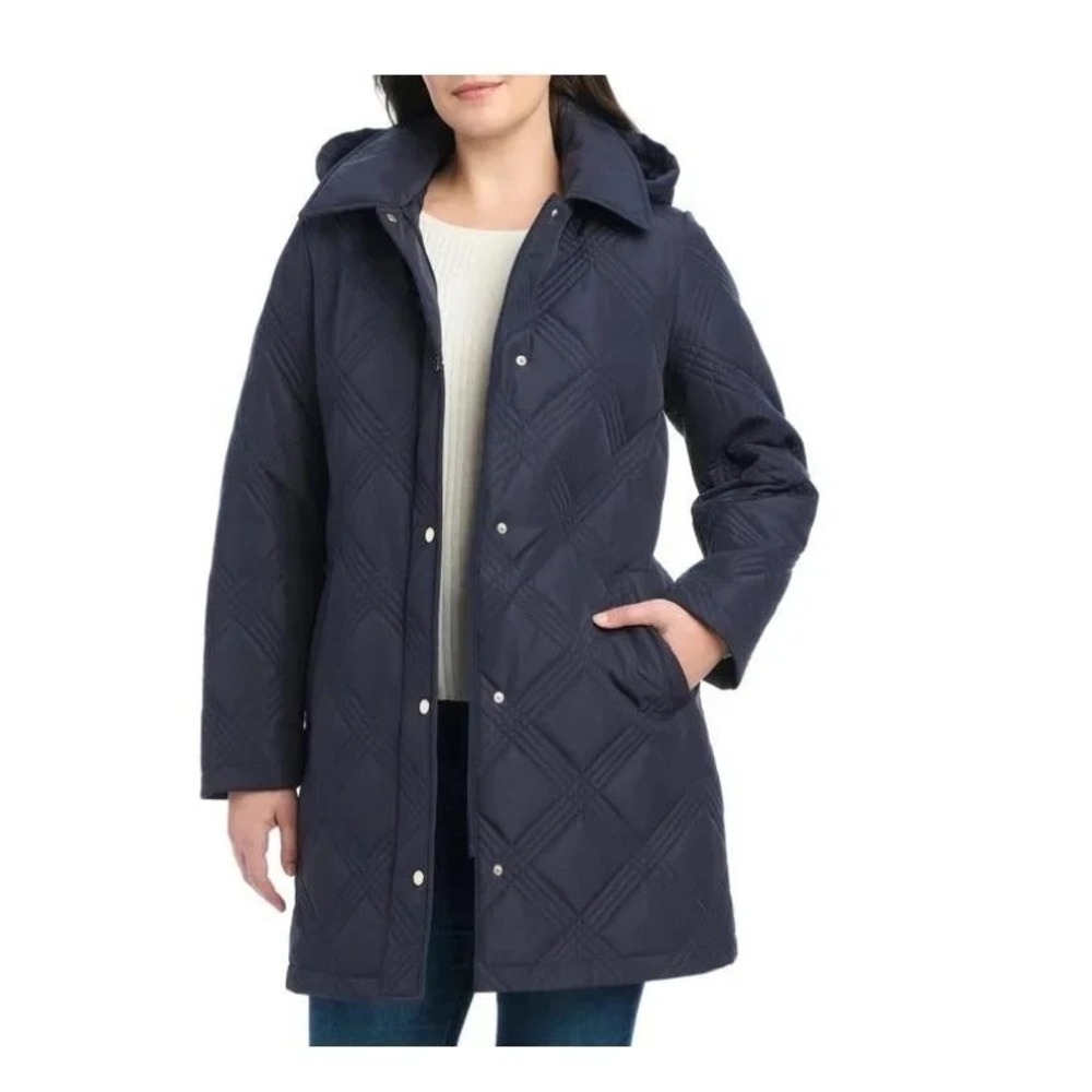 Jones New York Women's Quilt Hood Tie Belt Pockets Jacket, Navy, Size: Large